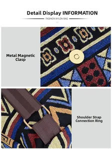 Detailed view of the golden magnetic closure and nylon fabric of this ethnic backpack
