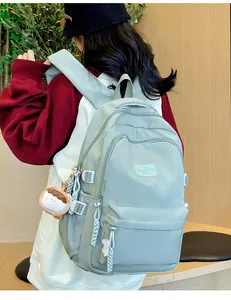 Detail showing the multi-zipper compartments and cute charm of the mint green backpack