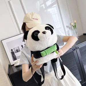 Cute panda plush backpack with bamboo decoration and adjustable black straps for kids