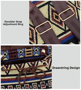 Detailed view of adjustable shoulder straps and drawstring on ethnic fabric backpack