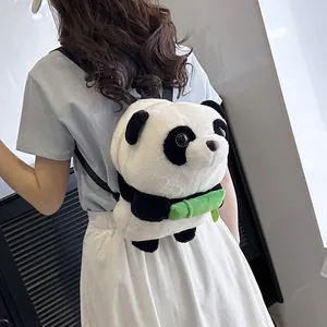 Cute panda plush backpack for children featuring soft fur and green bamboo detail