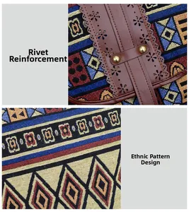 Detail of ethnic style woven pattern with rivet reinforcement and leather trim on backpack