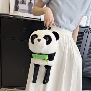 Cute panda plush backpack for kids with bamboo accent and adjustable black straps