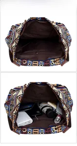 Ethnic canvas backpack interior view showing spacious storage with zipper pocket