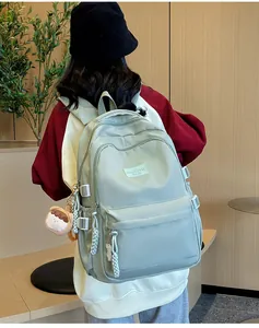 Detail view of mint green school backpack with adjustable straps and cute hanging pendant