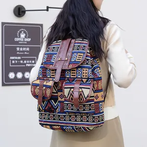 Ethnic bohemian backpack with geometric patterns and brown leather straps worn by model