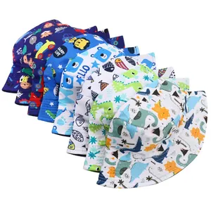 Kids wide brim sun bucket hats featuring colorful cartoon dinosaur and lion prints