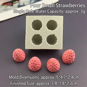 Macro shot of 4-hole strawberry silicone mold showing exact 5x4.7x2.4cm dimensions