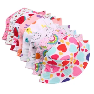 Kids wide brim sun hats with colorful rainbow, fruit, and cartoon animal prints