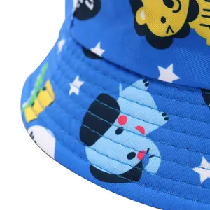 Kids blue sun hat featuring cartoon lion and dog prints with reinforced brim stitching