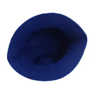 Deep blue children's wide-brim sun hat featuring colorful patterns and sturdy stitching