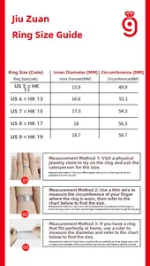 Size guide for moissanite 925 silver ring featuring diameter and circumference chart