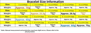 Detailed size guide for hip hop cuban chain bracelets showing width, length, and weight data