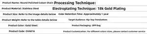 Specifications for stainless steel 18k gold plated hip hop Cuban link chain necklace