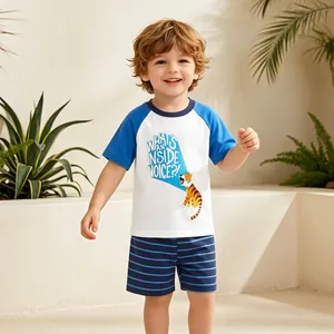 Boys summer cotton set with cartoon tiger print raglan T-shirt and striped shorts