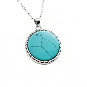 925 Sterling Silver Turquoise Pendant Necklace Vintage Round Stone Twisted Rope Chain Necklace For Women Bohemian Jewelry