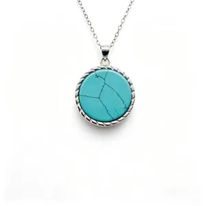 Vintage S925 sterling silver necklace with round turquoise stone and twisted rope border