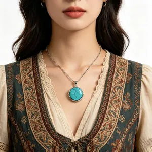 Detail of round turquoise pendant with vintage silver rope edge on a fashion model