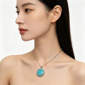 Minimalist S925 sterling silver necklace featuring a round turquoise pendant on a model