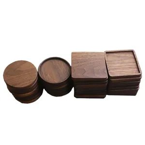 Set of square and round walnut wood coasters featuring natural grain and heat insulation