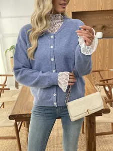 Elegant light blue knit cardigan with lace neckline trim and white buttons for women
