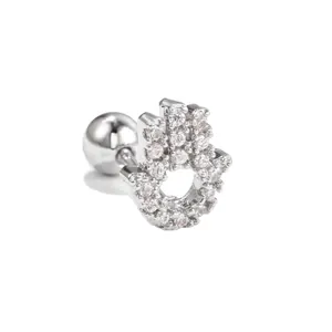 Silver Hamsa hand cartilage stud earring with cubic zirconia and screw back ball