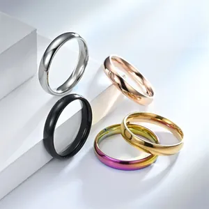 Detailed view of 5 polished stainless steel rings in silver, gold, black and rainbow colors
