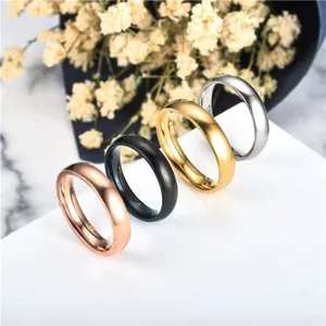 Minimalist stainless steel rings in rose gold, black, gold and silver on white card