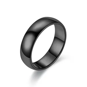 Close-up of a minimalist black stainless steel ring with a high-polished mirror finish