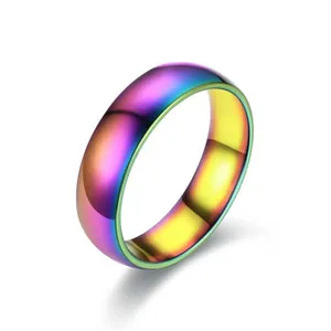 Detail of minimalist rainbow stainless steel ring with iridescent electroplated finish