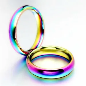 Close-up of dual stainless steel rings with vibrant rainbow gradient polished finish