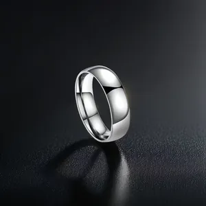 Detailed view of high-polished stainless steel minimalist ring on a black surface