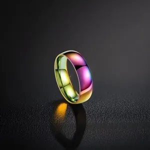 Macro detail of rainbow gradient electroplated stainless steel ring with smooth finish