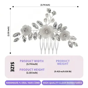 Handmade bridal hair comb with pearls and rhinestones measuring 9.5cm by 6.5cm