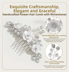 Detail of handmade bridal hair comb with resin flowers and marquise rhinestones