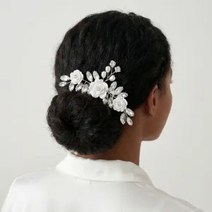 Handmade Bridal Hair Comb White Soft Pottery Flower Rhinestone Artificial Pearl Hair Insert Elegant Wedding Headpiece For Women