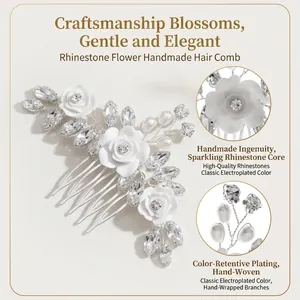 Handmade bridal hair comb with pearls, marquise rhinestones and delicate white roses