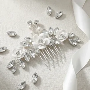 Handmade bridal hair comb with white roses, marquise rhinestones and pearls for weddings