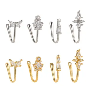 8-piece set of U-shaped non-piercing nose rings with gold and silver cubic zirconia designs