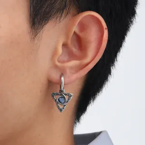 Men's silver Celtic Knot earring with a round blue gemstone in a triangular pendant
