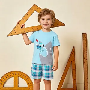 Toddler Boys Summer Cotton Clothing Set Shark Embroidery Short Sleeve T-Shirt And Plaid Shorts Top And Bottoms Outfit