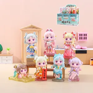 Set de 6 figurines de poupées Hanfu mignonnes en résine dans un décor miniature