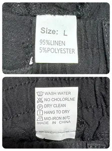 Detail shot of black linen pants tag showing 95% linen material and size L label