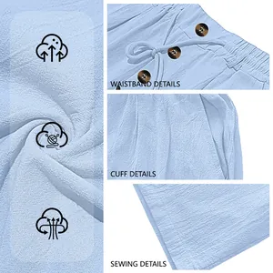 Men's light blue cotton linen pants featuring drawstring waist and three-button detail
