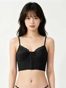 Detailed view of women's black satin corset bra featuring lace trim and front seams