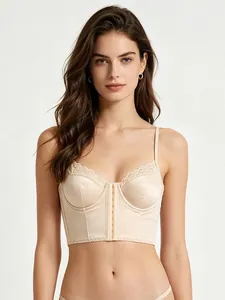 Detailed front view of a satin corset bustier featuring lace trim and front hook closure