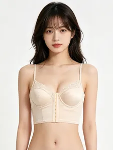 Front view of a longline satin bustier with lace trim and multi-row hook eye closure