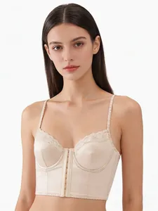 Detailed front view of champagne satin corset bra with lace trim and hook-and-eye closure