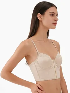 Side view of champagne satin corset bra with delicate lace trim and supportive boning
