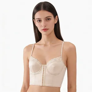 Sexy Satin Lace Corset Top For Women Front Buckle Push Up Bustier Bra French Vintage Shaping Lingerie Sleeveless Vest Top